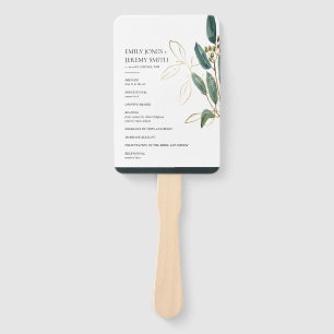 EUCALYPTUS GREEN GOLD FOLIAGE WEDDING PROGRAM HAND FAN