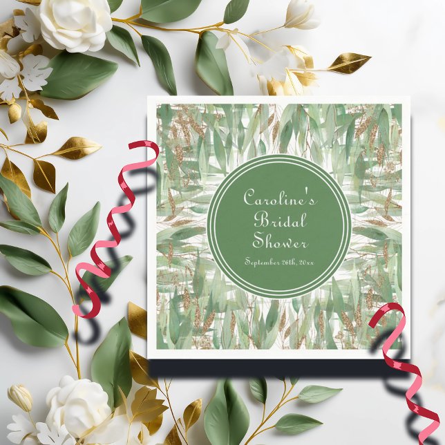 Eucalyptus Green Gold Glitter Leaves Bridal Shower Napkin (Creator Uploaded)
