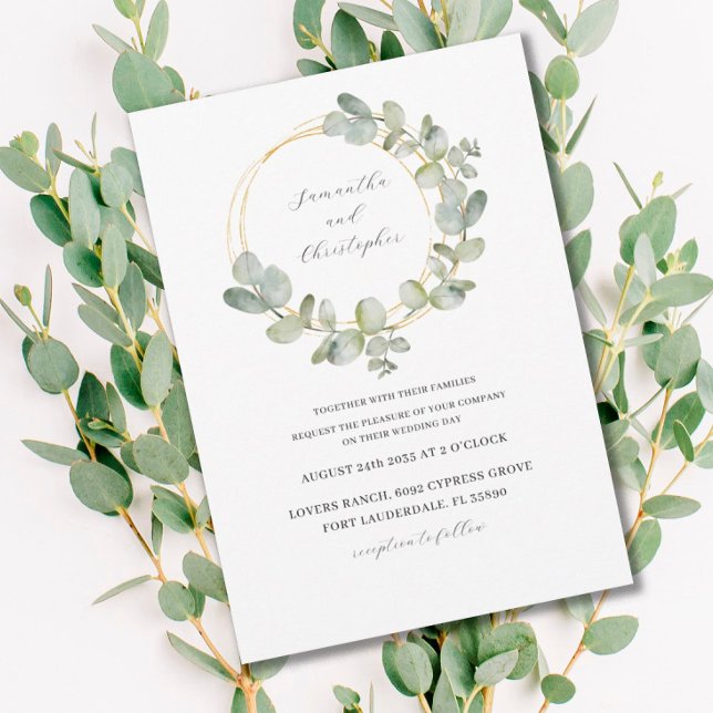 Eucalyptus Green & Gold Watercolor Wreath Wedding  Invitation (Creator Uploaded)
