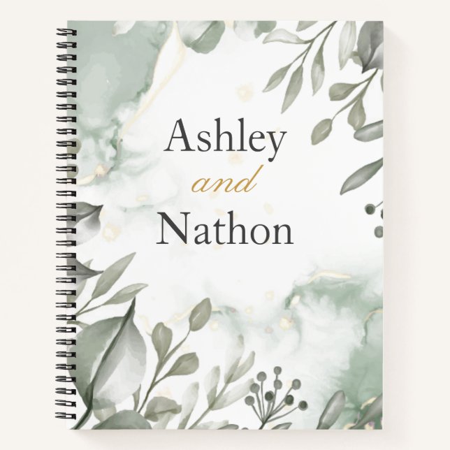 Eucalyptus green & gold watercolour Wedding Notebook (Front)