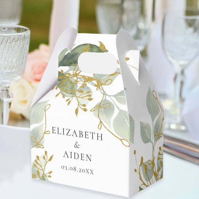Eucalyptus Green Gold Wedding  Favor Box (Personalized White Greenery Gold Eucalyptus Wedding Box with your names and date.)