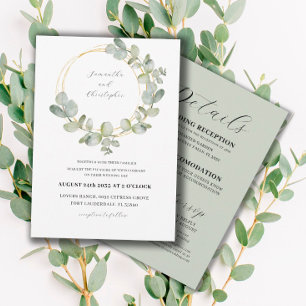 Eucalyptus Green & Gold Wreath All In One Wedding Invitation