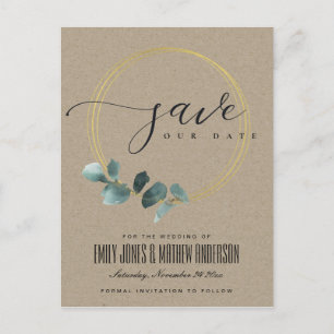 EUCALYPTUS GREEN KRAFT FAUNA WREATH SAVE THE DATE ANNOUNCEMENT POSTCARD