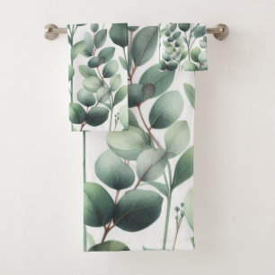 Eucalyptus Green Leaf Print Sot 3-Piece Bath Towel Set