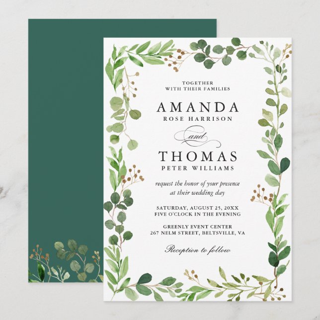 Eucalyptus Green Leaves Border Frame Chic Wedding Invitation (Front/Back)
