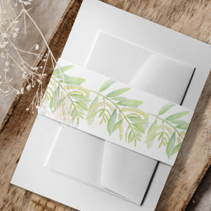 Eucalyptus green leaves cream flower watercolor invitation belly band