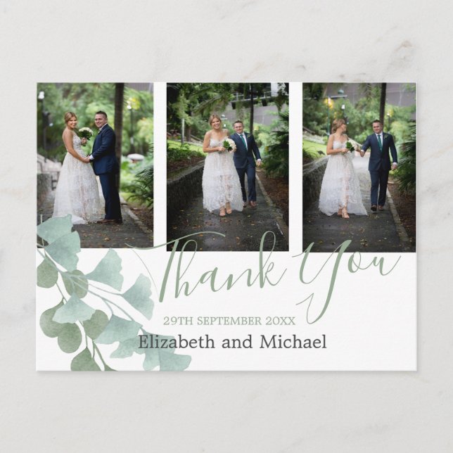 Eucalyptus Green Leaves Elegant Wedding Thank You Postcard (Front)