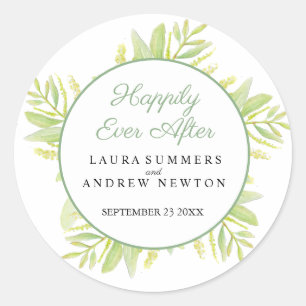 Eucalyptus green leaves happily ever after classic round sticker