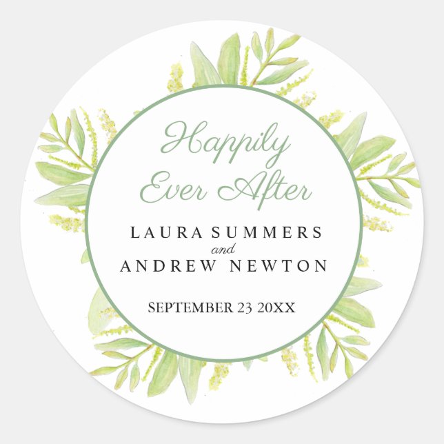 Eucalyptus green leaves happily ever after classic round sticker (Front)
