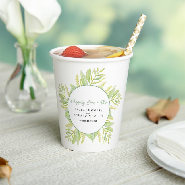 Eucalyptus green leaves happily ever after  paper cups (Insitu)