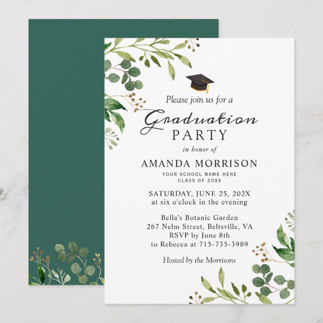 Eucalyptus Green Leaves Nature Graduation Party Invitation (Front/Back)