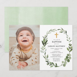 Eucalyptus green leaves simple baptism photo invitation