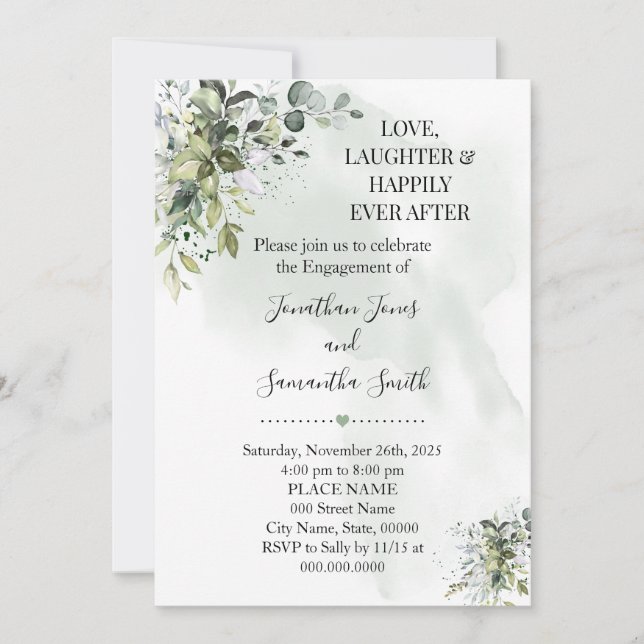 Eucalyptus green love laughter happily engagement invitation (Front)