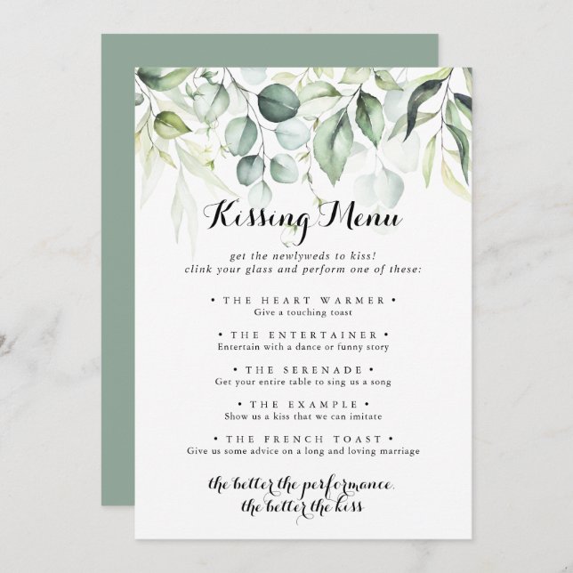 Eucalyptus Green Mariage Kissing Menu Carte de jeu (Devant / Derrière)