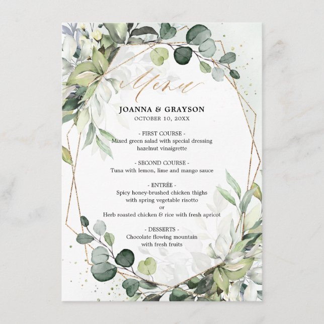 Eucalyptus Green Moderne Mariage géométrique Menu (Devant)