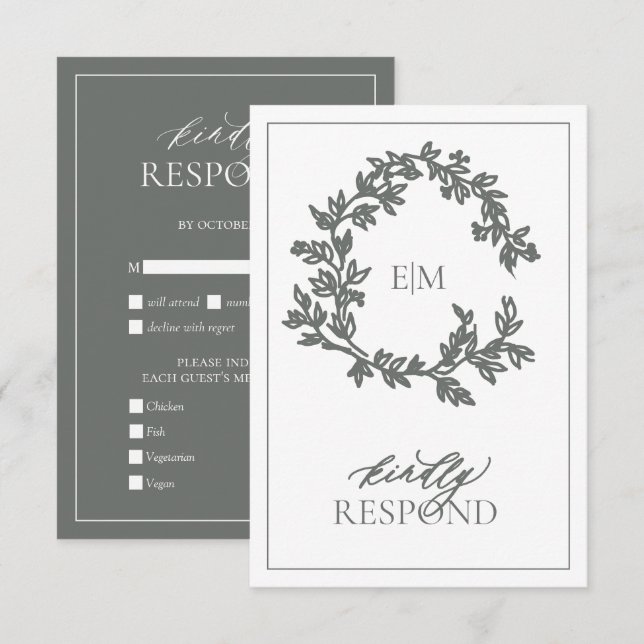 Eucalyptus Green Monogram Wedding RSVP Card (Front/Back)