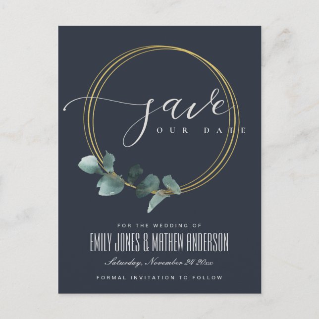 EUCALYPTUS GREEN NAVY FOLIAGE WREATH SAVE THE DATE ANNOUNCEMENT POSTCARD (Front)