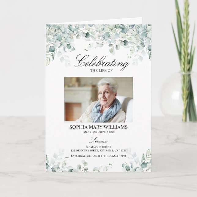 Eucalyptus Green Photo Memorial Funeral Programs (Front)
