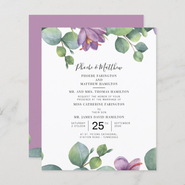Eucalyptus Green Purple Foliage Wedding Invitation (Front/Back)