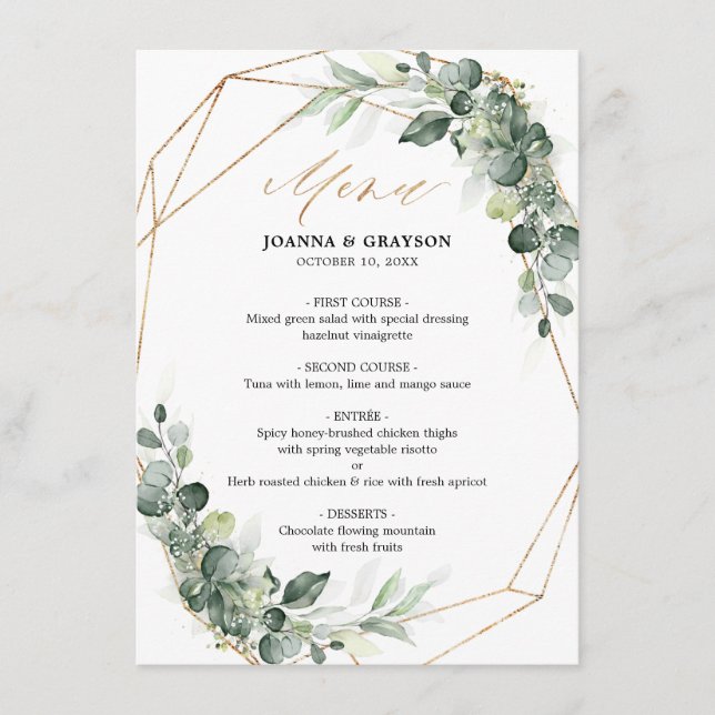 Eucalyptus Green Rustique Mariage géométrique Menu (Devant)