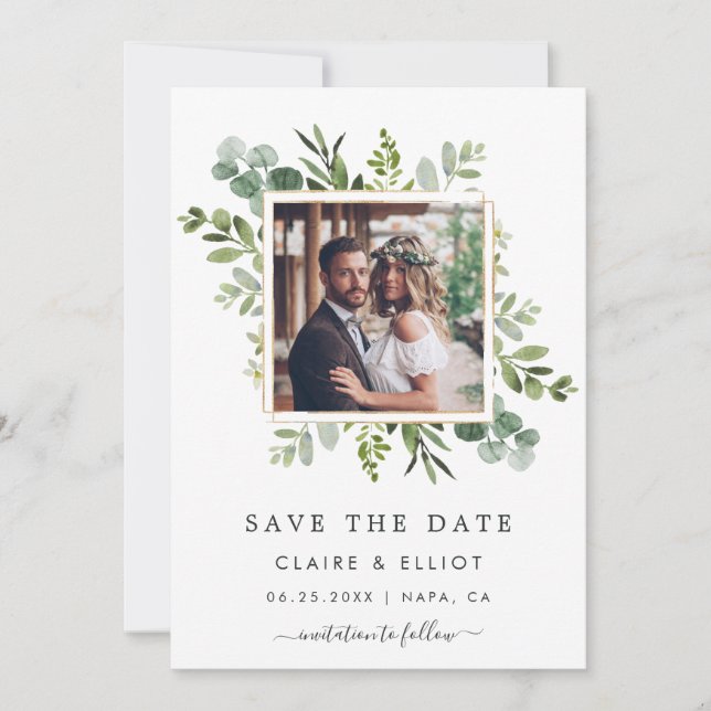 Eucalyptus Green Square Wreath Photo Save The Date (Front)