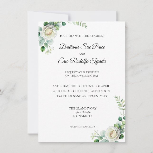 Eucalyptus Green White Flower Invitation (Front)