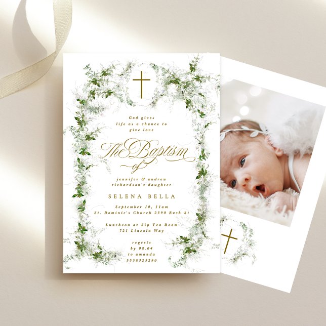 Eucalyptus Green White Frame Cross Baptism Photo Invitation (Creator Uploaded)
