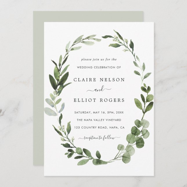 Eucalyptus Green Wreath Wedding Invitation (Front/Back)