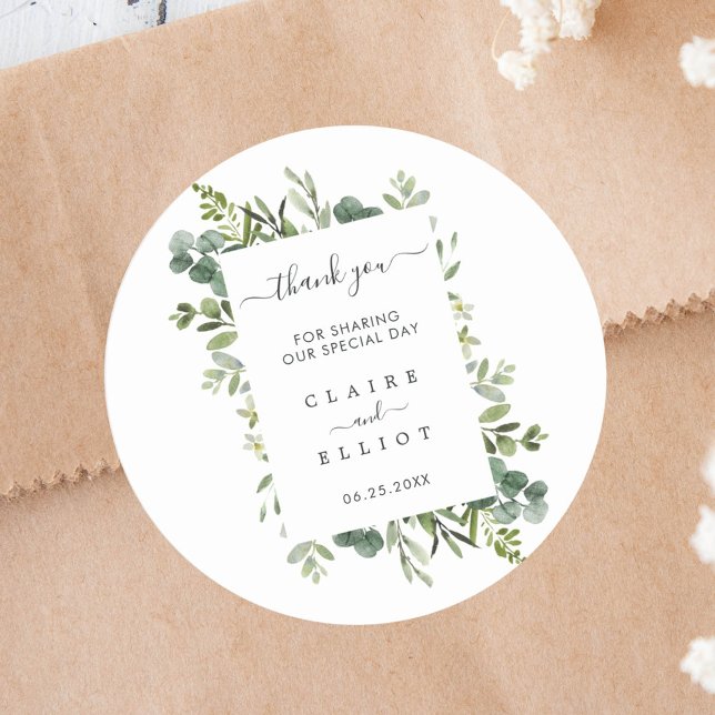 Eucalyptus Green Wreath Wedding Thank You Classic Round Sticker (Creator Uploaded)