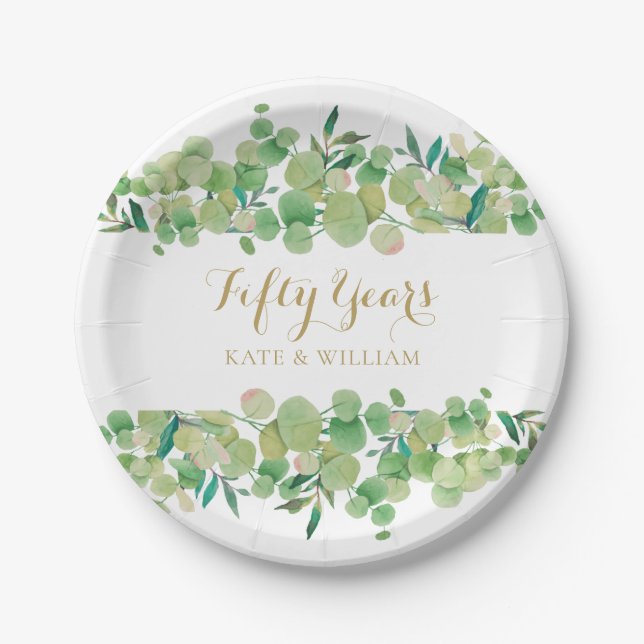 Eucalyptus Greenery 50th Gold Wedding Anniversary Paper Plate (Front)