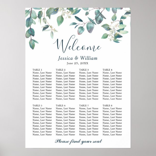 Eucalyptus Greenery 8 Tables Wedding SEATING CHART (Front)
