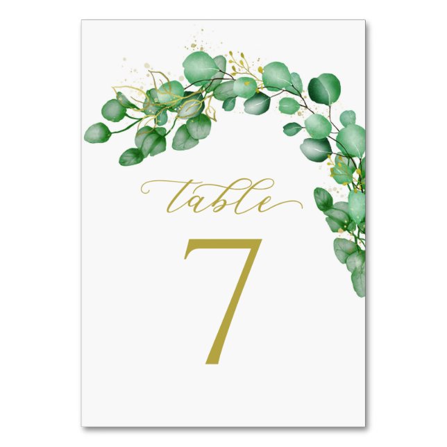 Eucalyptus Greenery and Elegant Script Wedding Table Number (Front)