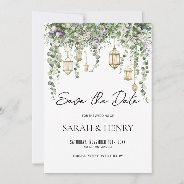 Eucalyptus Greenery and Gold Lantern Wedding Invitation (Front)