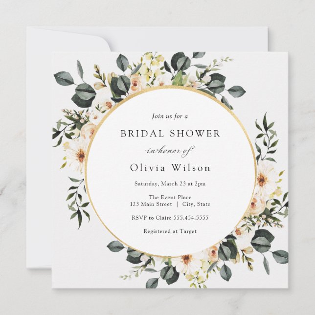 Eucalyptus Greenery and Ivory Floral Bridal Shower Invitation (Front)