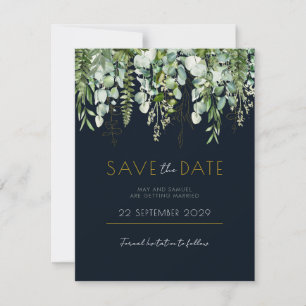 Eucalyptus Greenery and Navy Save the Date invite