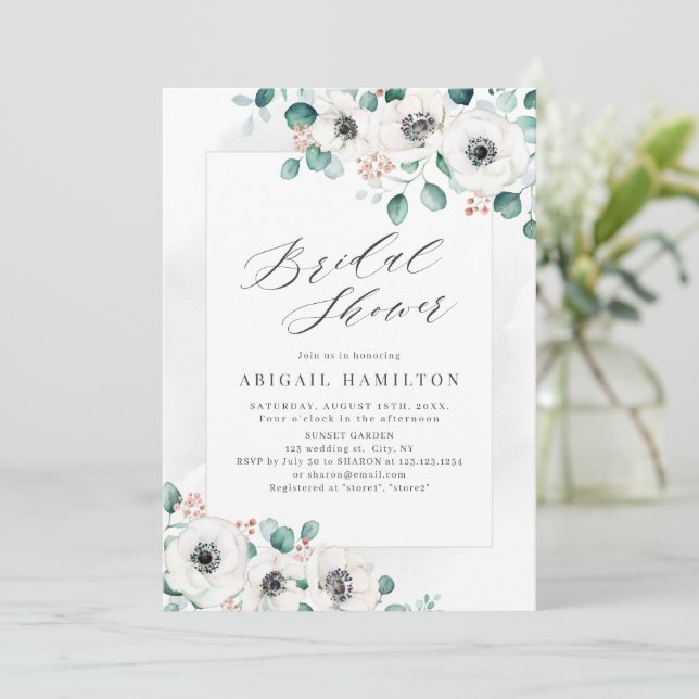 Eucalyptus greenery anemone floral bridal shower i invitation (Standing Front)