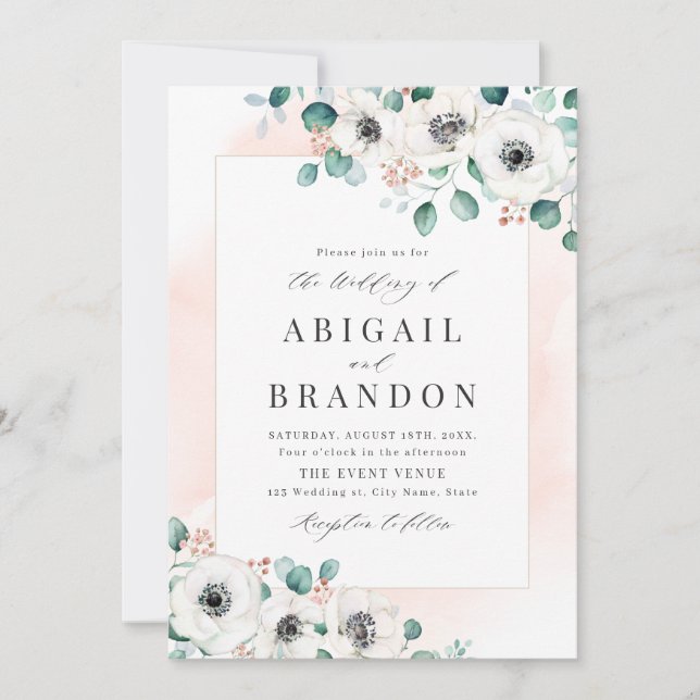 Eucalyptus greenery anemone floral rustic wedding invitation (Front)