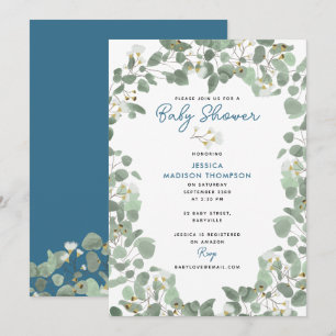 Eucalyptus Greenery Baby Boy Blue Baby Shower Invitation