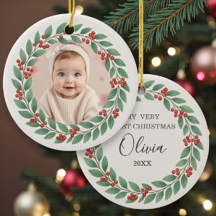 Eucalyptus Greenery Baby First Christmas Photo Ceramic Ornament