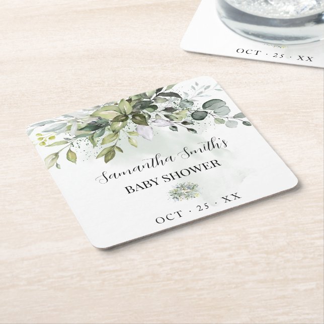 Eucalyptus Greenery Baby Shower Square Paper Coaster (Angled)