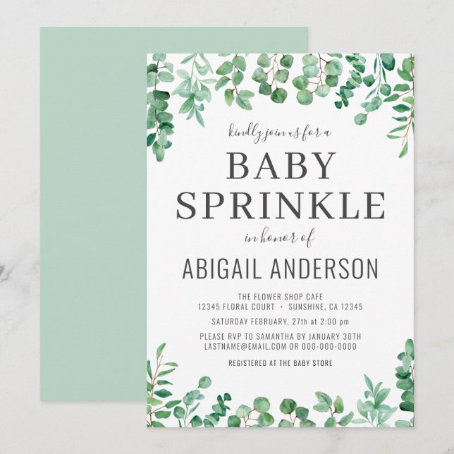 Eucalyptus Greenery Baby Sprinkle Modern  Invitation (Front/Back)