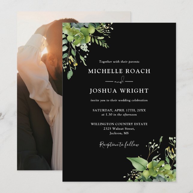 Eucalyptus Greenery Black And White Photo Wedding Invitation (Front/Back)