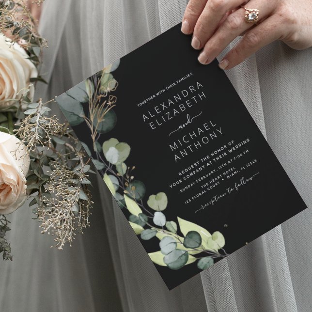 Eucalyptus Greenery Black Wedding Invitation (Creator Uploaded)