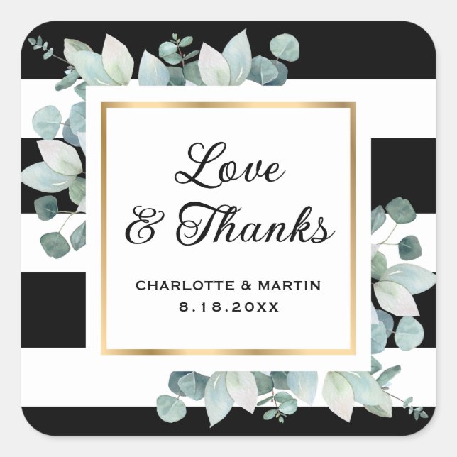 Eucalyptus Greenery Black White Gold Wedding Square Sticker (Front)