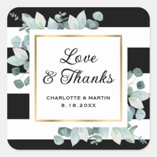 Eucalyptus Greenery Black White Gold Wedding Square Sticker