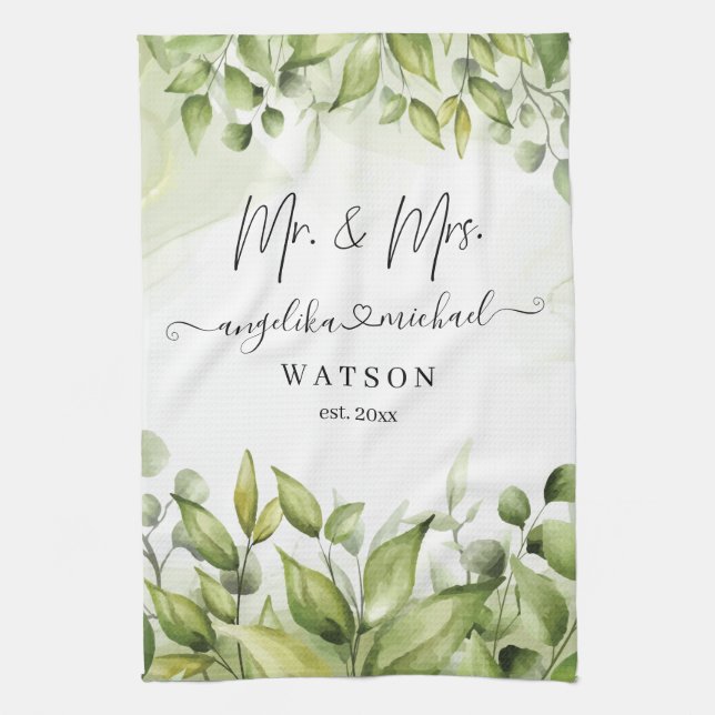 Eucalyptus Greenery Blush Modern Trendy Script  Kitchen Towel (Vertical)