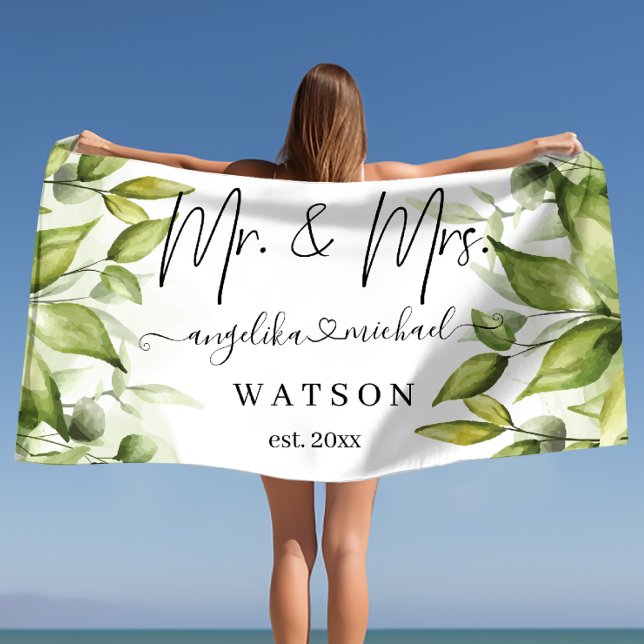 Eucalyptus Greenery Blush Modern Trendy Script Mr. Beach Towel (Creator Uploaded)