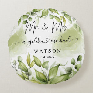 Eucalyptus Greenery Blush Modern Trendy Script Round Pillow