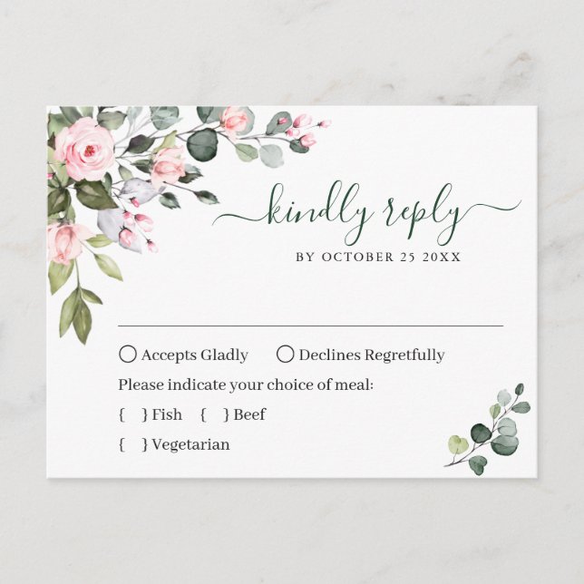 Eucalyptus Greenery Blush Roses Wedding RSVP Card (Front)