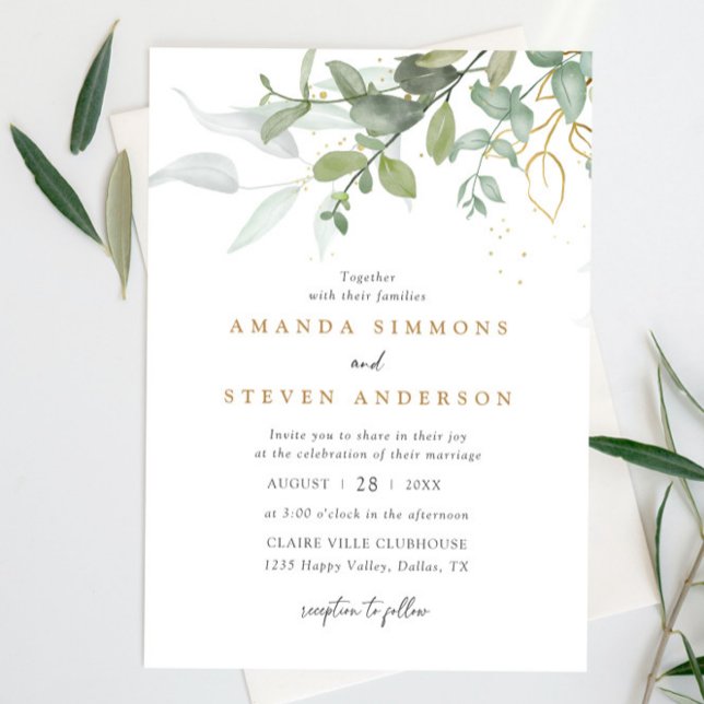 Eucalyptus Greenery Boho Sage Green Gold Wedding Invitation (Creator Uploaded)